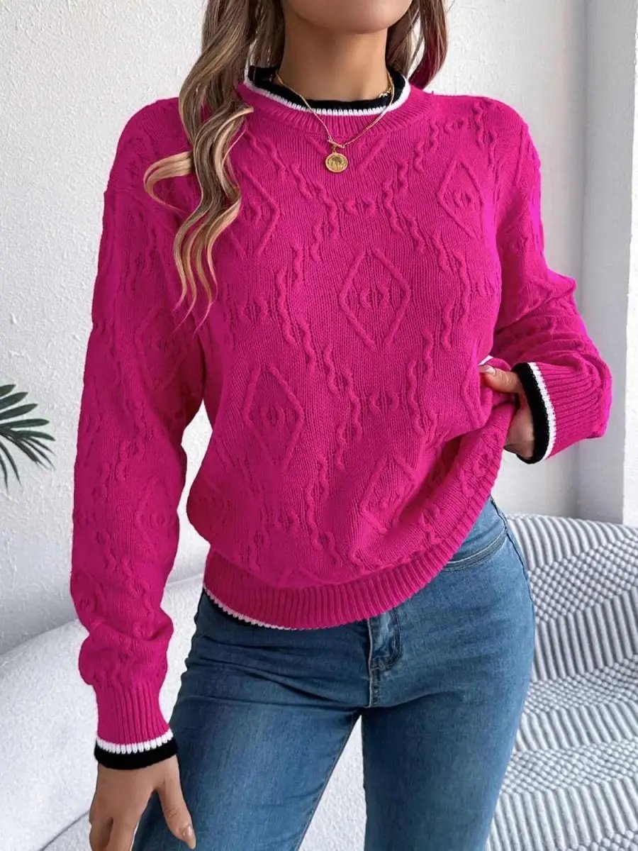Contrast Trim Round Neck Long Sleeve Sweater - Love Salve